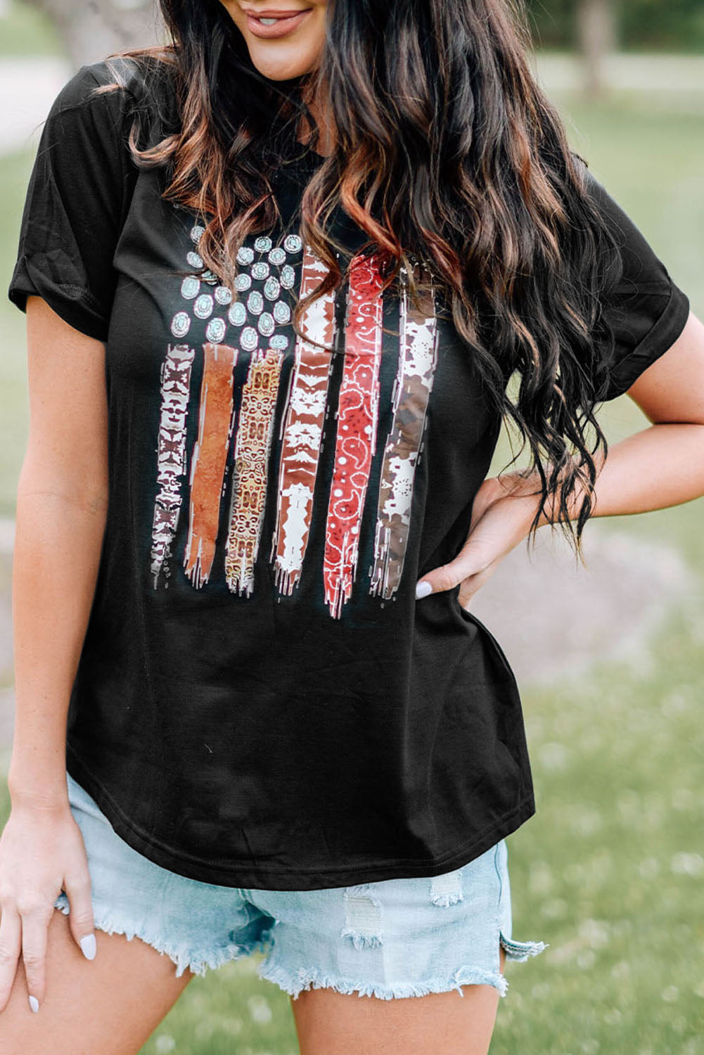 Western American Flag with Faux Turquoise Stones Graphic Black Tee