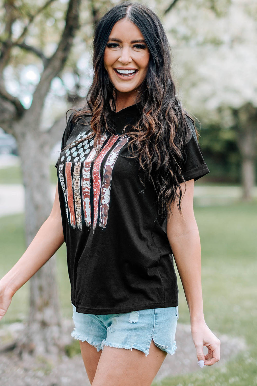 Western American Flag with Faux Turquoise Stones Graphic Black Tee