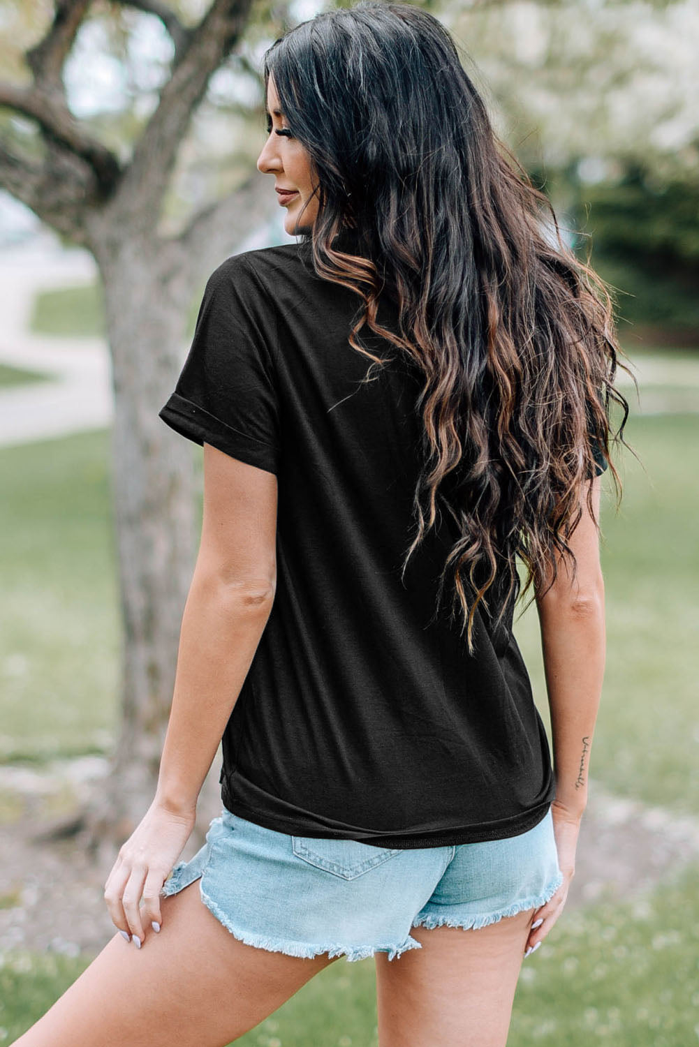 Western American Flag with Faux Turquoise Stones Graphic Black Tee