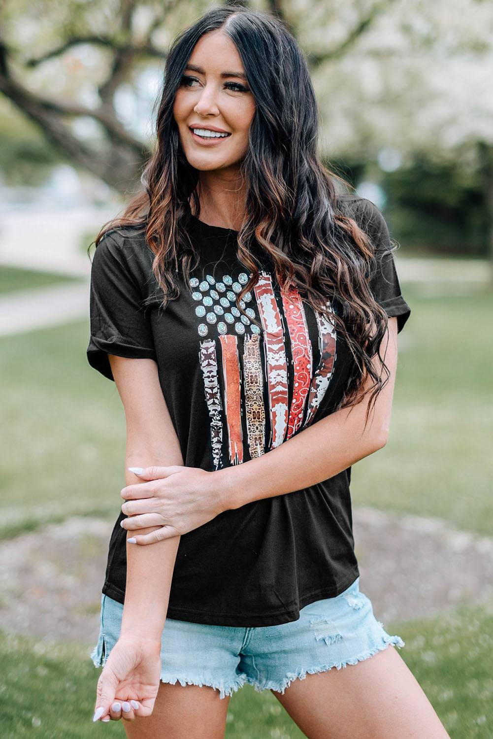 Western American Flag with Faux Turquoise Stones Graphic Black Tee