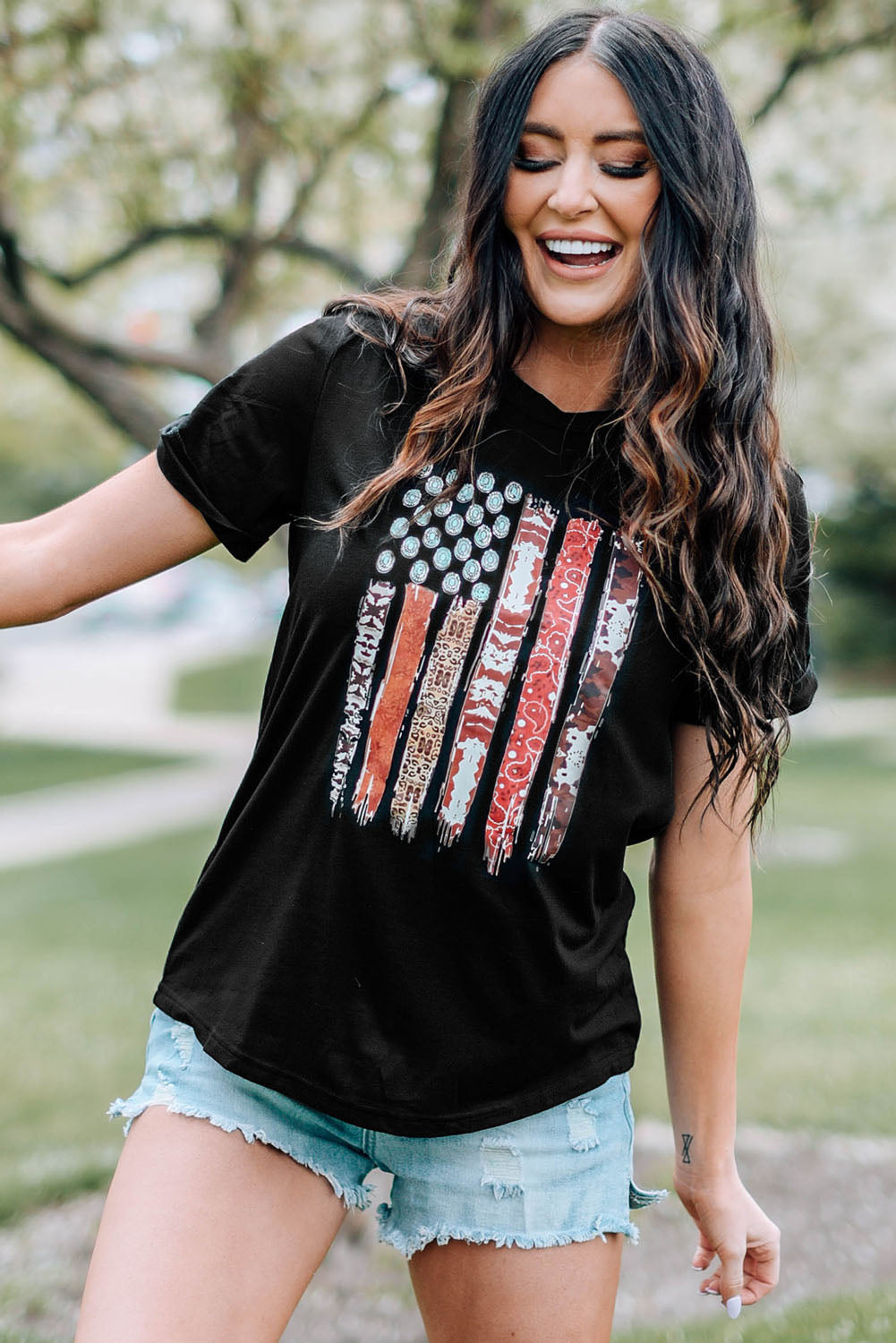 Western American Flag with Faux Turquoise Stones Graphic Black Tee