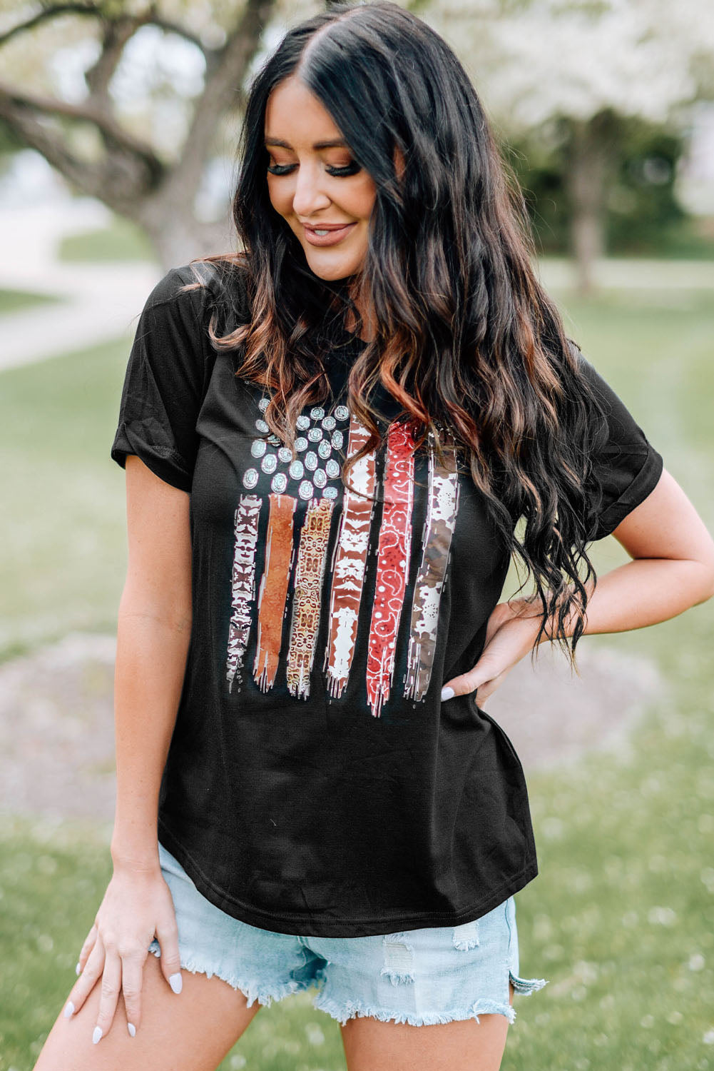Western American Flag with Faux Turquoise Stones Graphic Black Tee