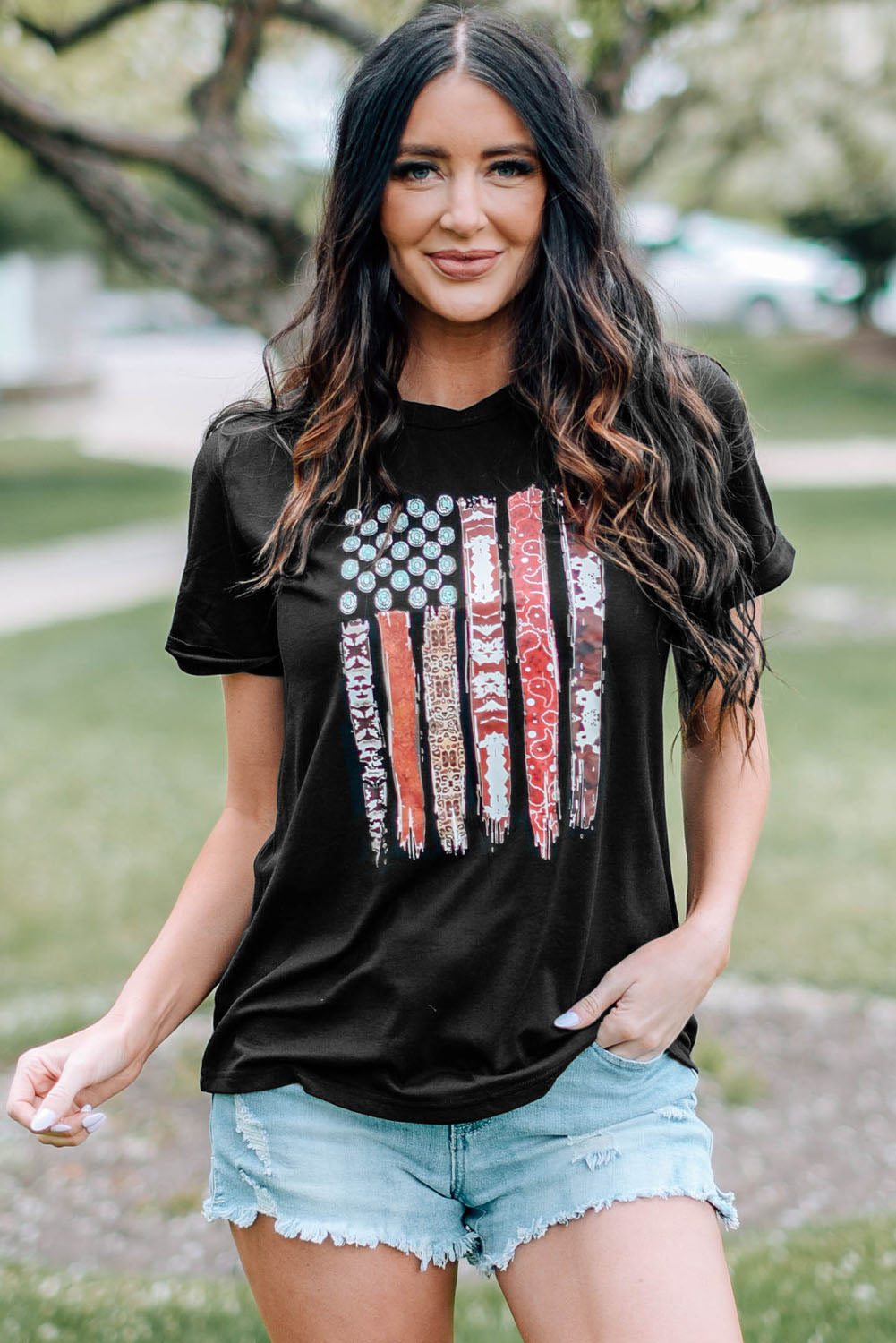 Western American Flag with Faux Turquoise Stones Graphic Black Tee