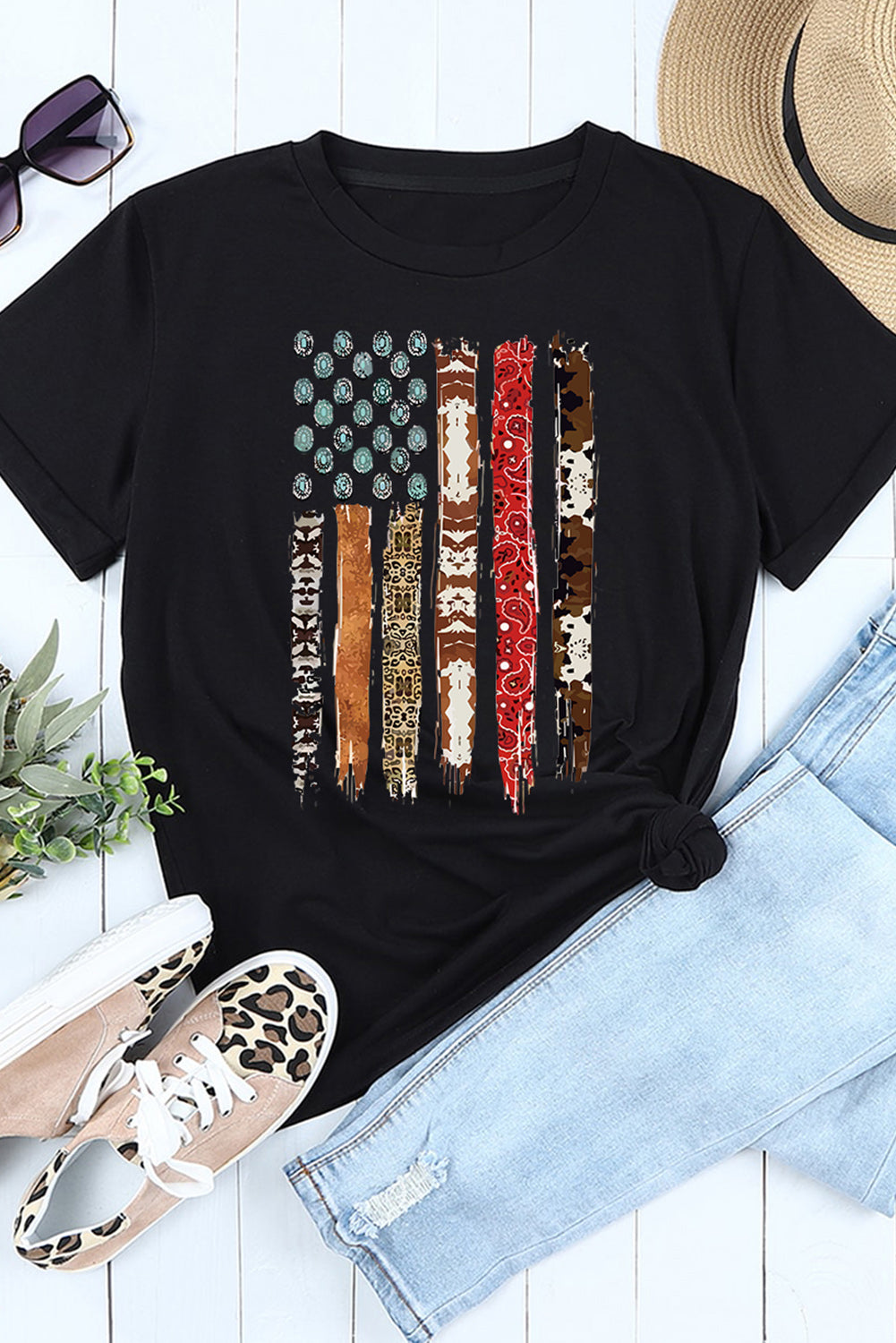 Western American Flag with Faux Turquoise Stones Graphic Black Tee