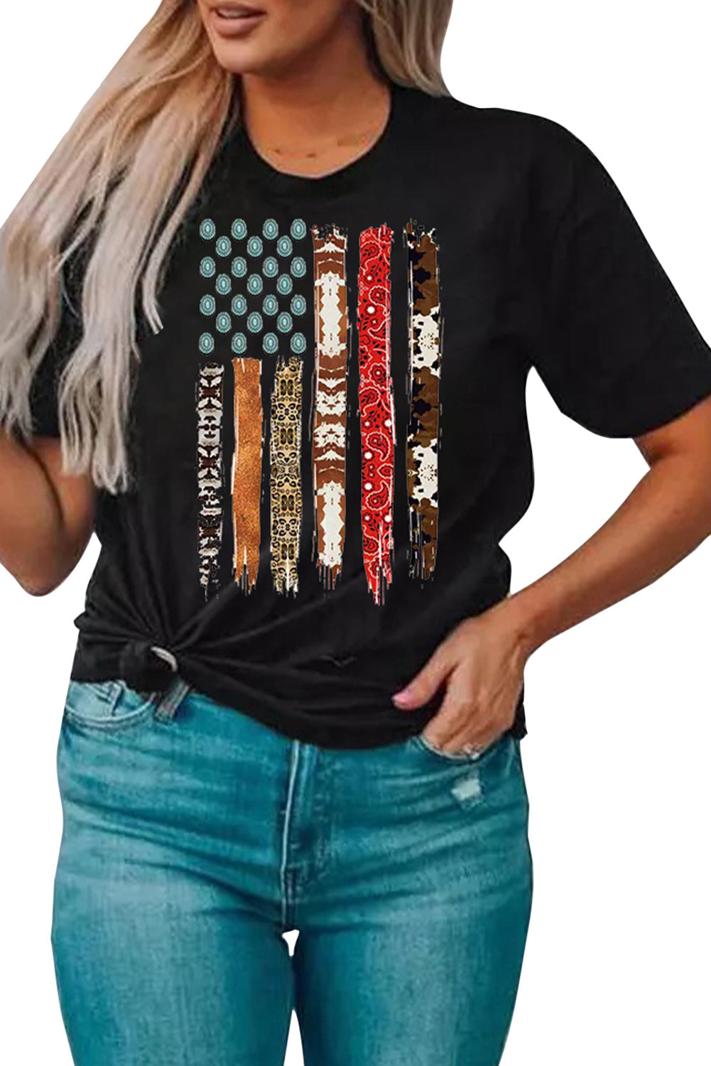 Western American Flag with Faux Turquoise Stones Graphic Black Tee