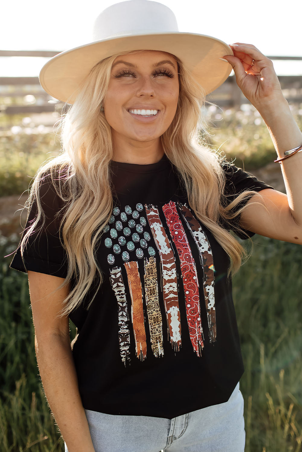 Western American Flag with Faux Turquoise Stones Graphic Black Tee