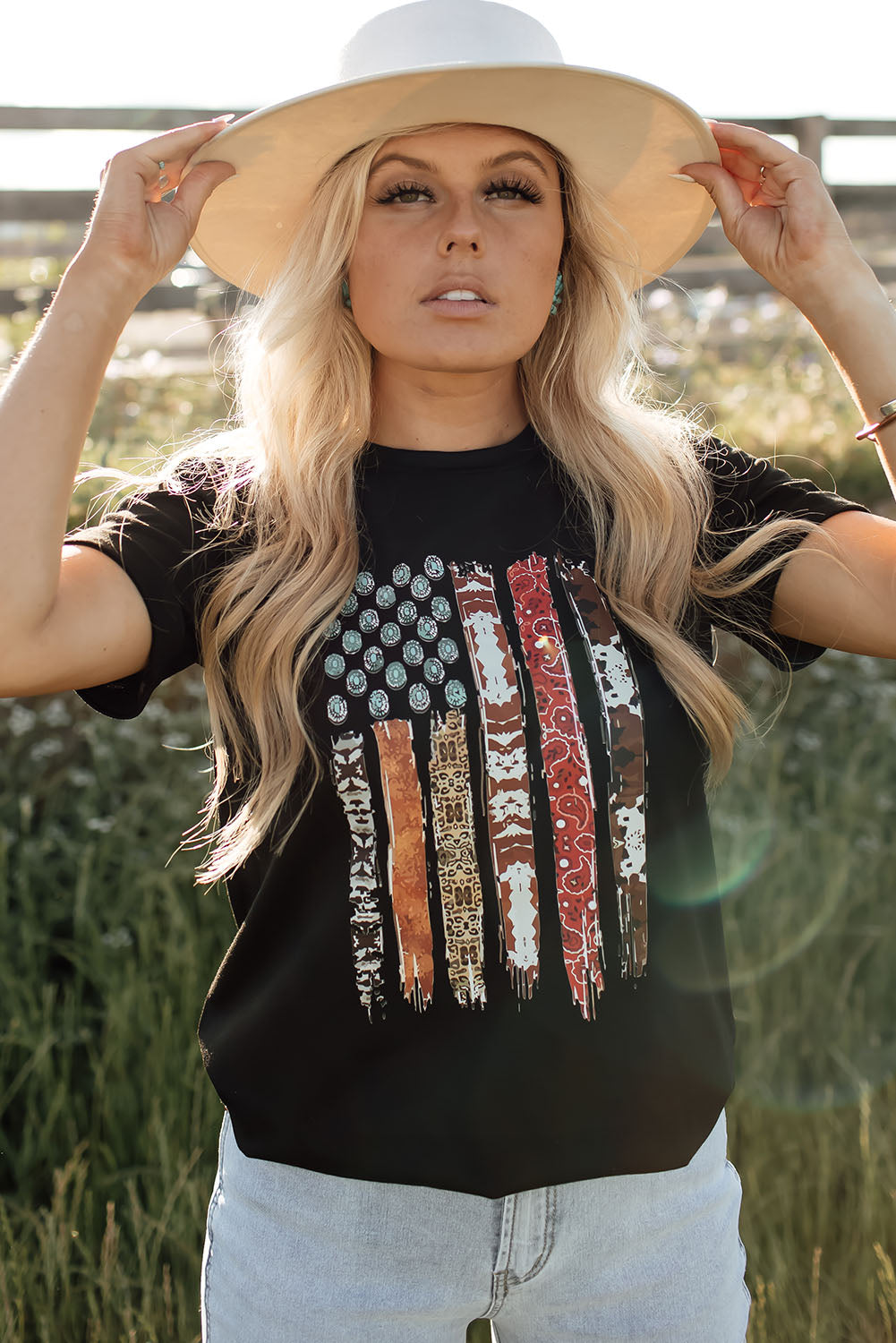 Western American Flag with Faux Turquoise Stones Graphic Black Tee