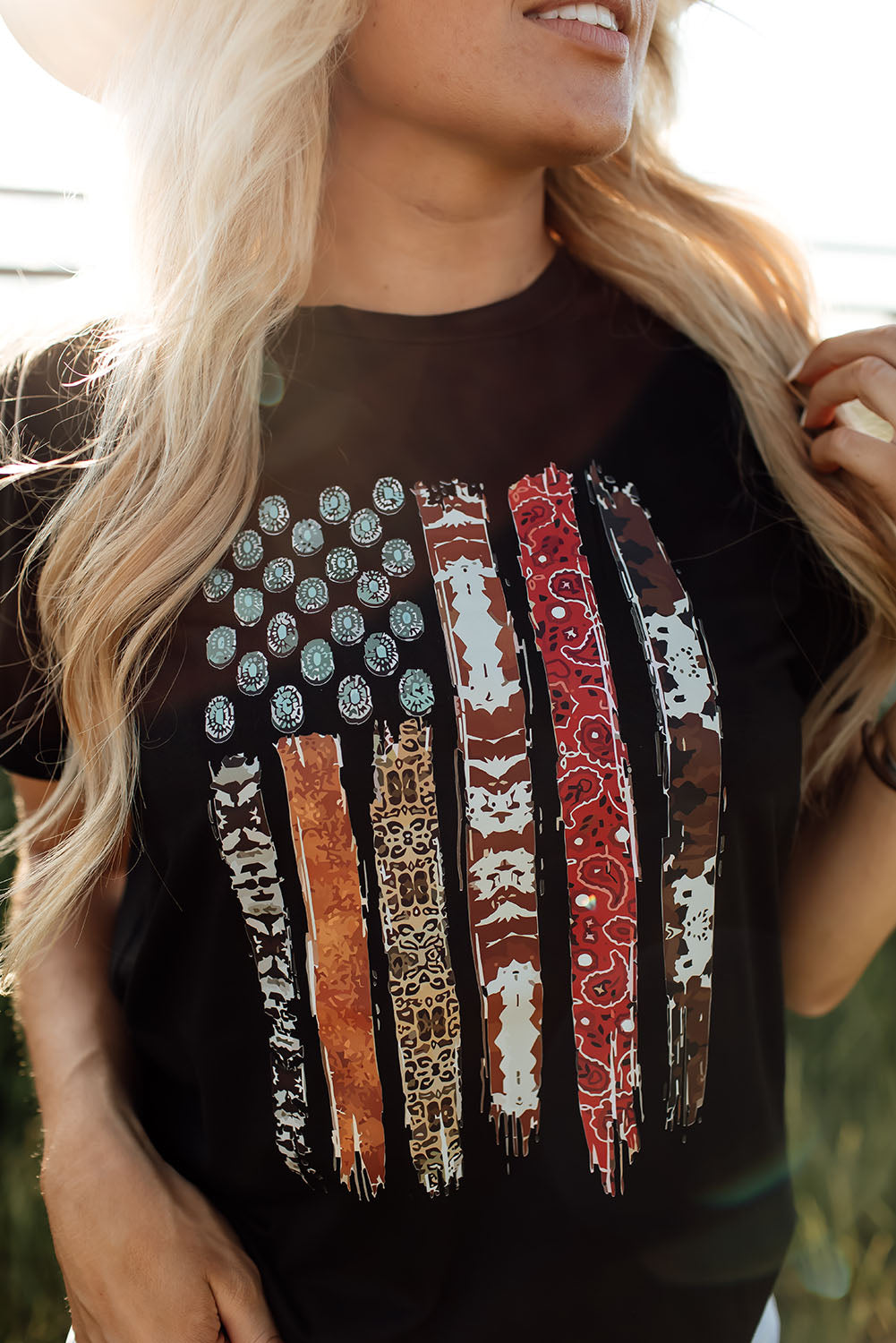 Western American Flag with Faux Turquoise Stones Graphic Black Tee