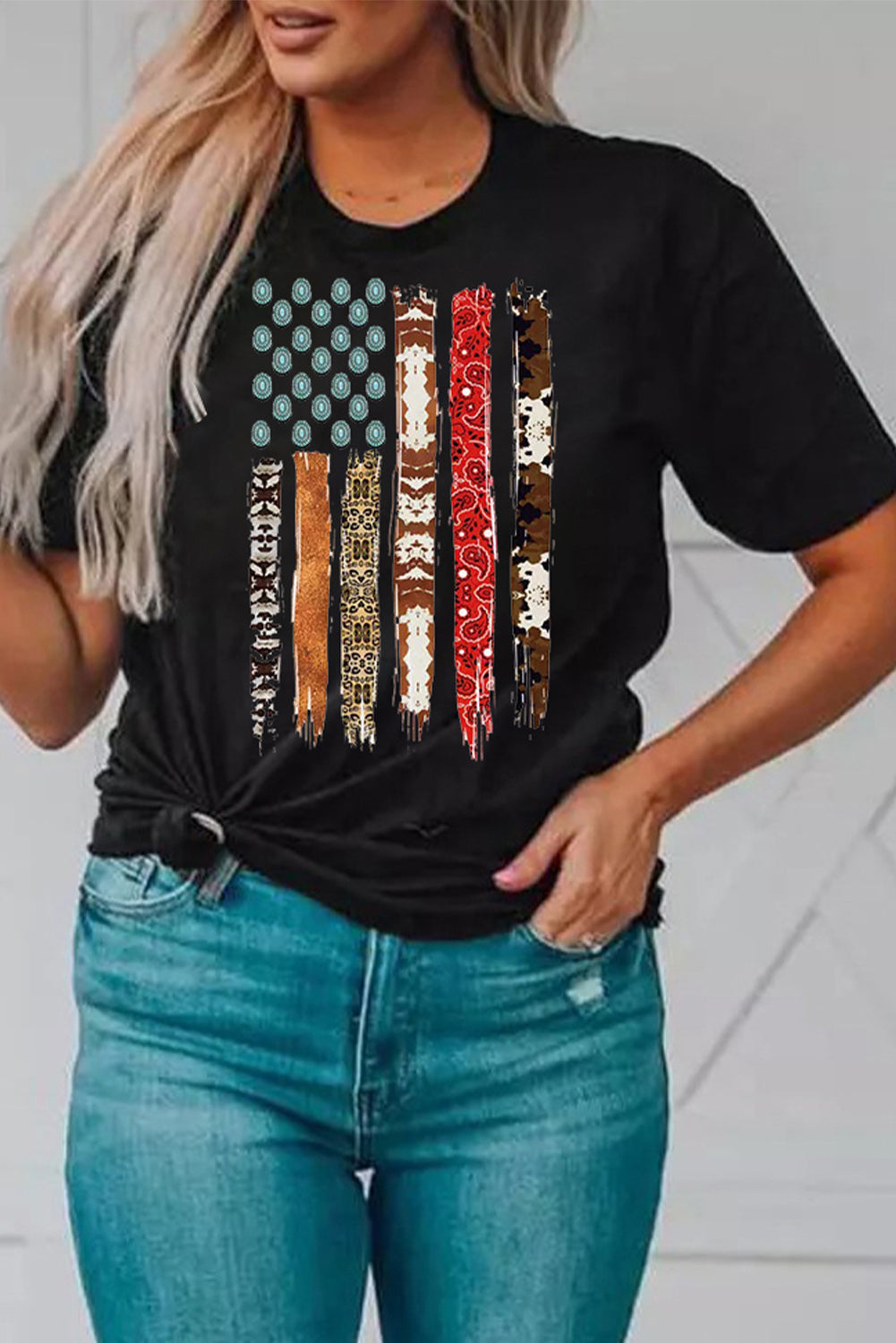 Western American Flag with Faux Turquoise Stones Graphic Black Tee