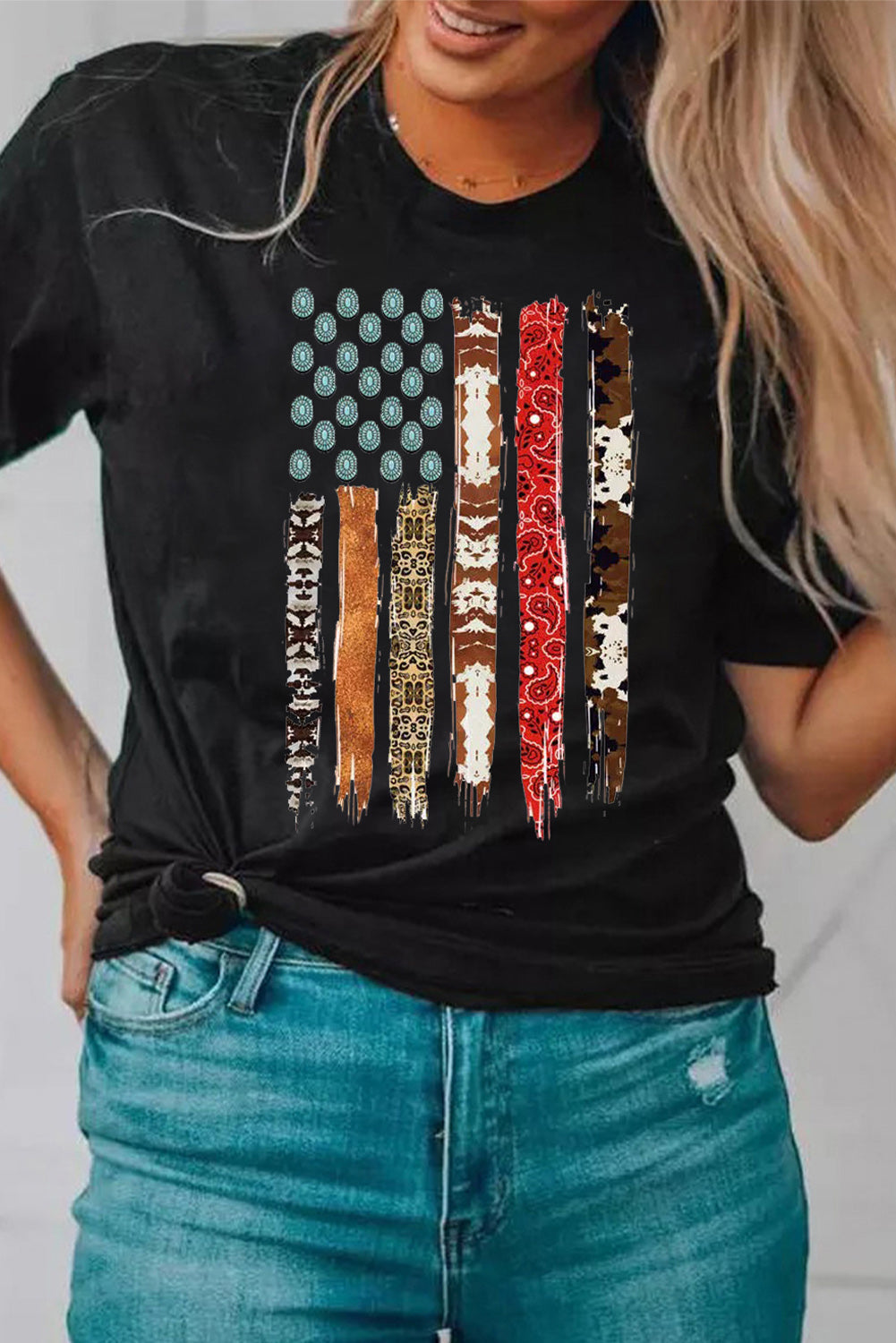 Western American Flag with Faux Turquoise Stones Graphic Black Tee