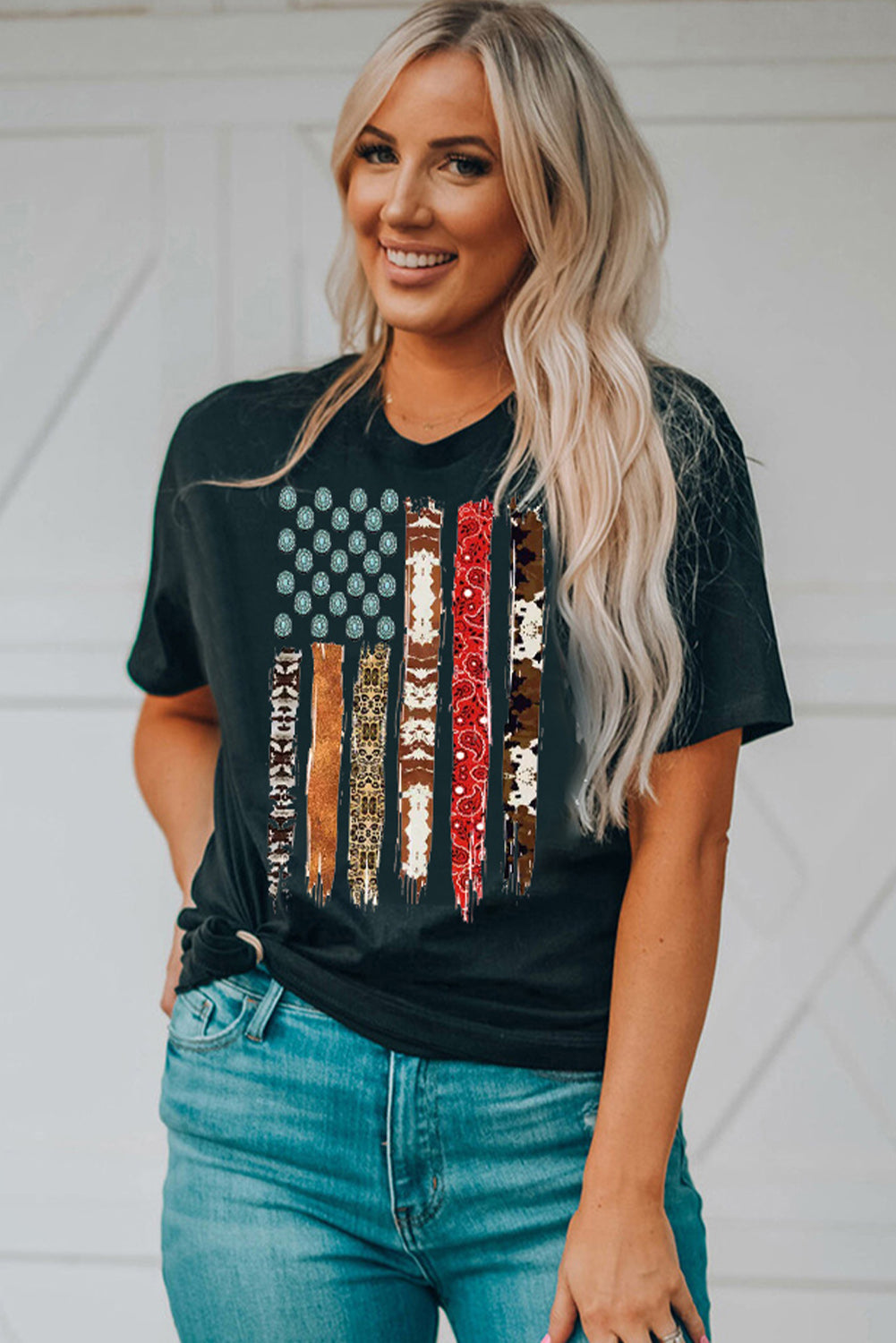 Western American Flag with Faux Turquoise Stones Graphic Black Tee