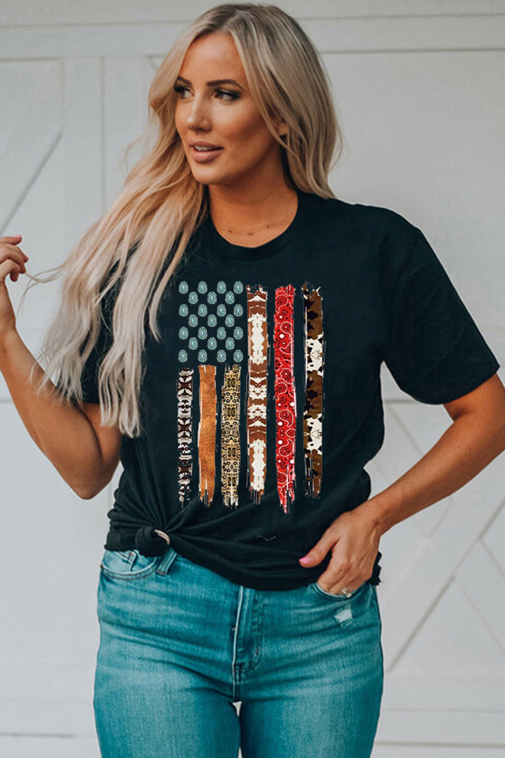 Western American Flag with Faux Turquoise Stones Graphic Black Tee