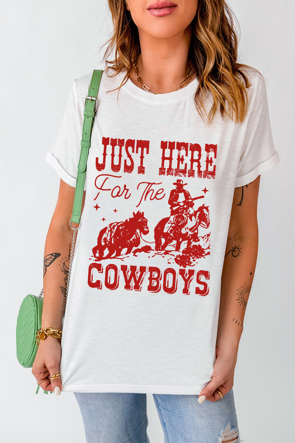 Just Here for the Cowboy White Cuffed Sleeve Crew Neck T Shirt