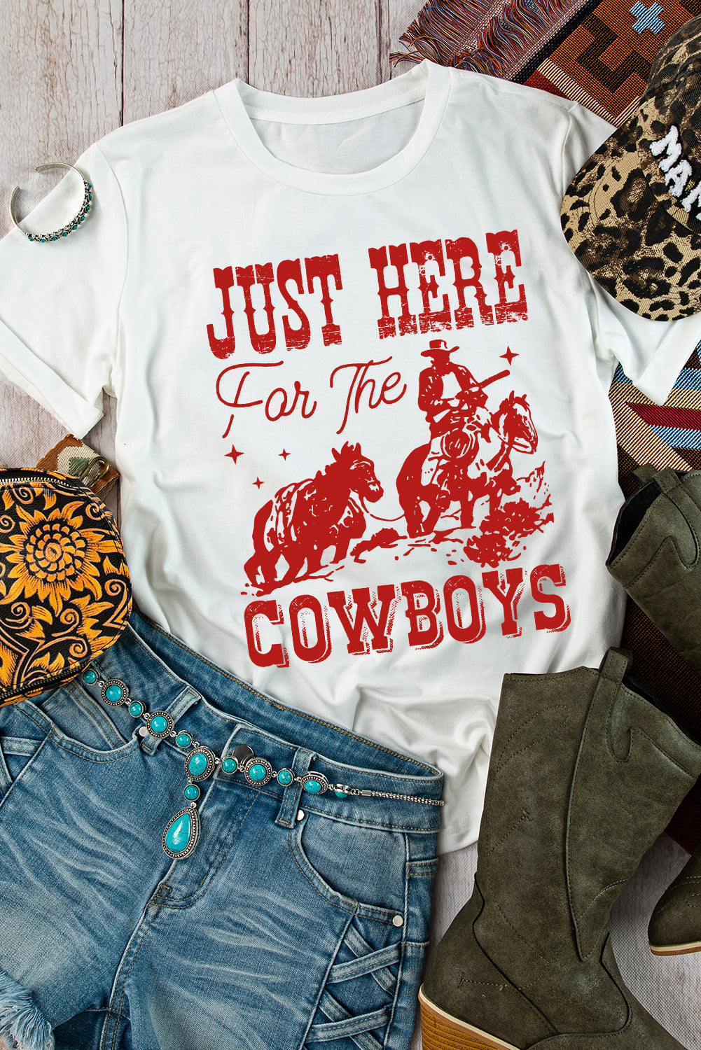 Just Here for the Cowboy White Cuffed Sleeve Crew Neck T Shirt