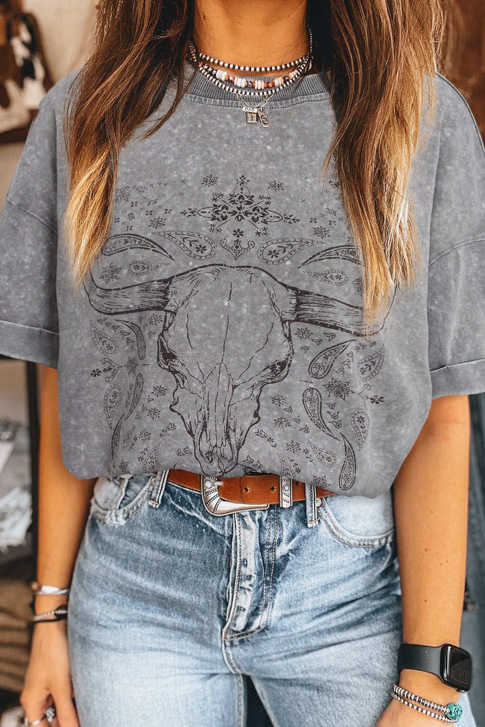 Western Steer Head Light Grey Tie Dye Print Crew Neck T Shirt