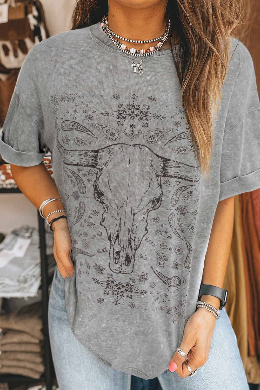 Western Steer Head Light Grey Tie Dye Print Crew Neck T Shirt