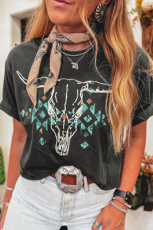 Vintage Western Bull Head Skull Turquoise Aztec Carbon Grey Graphic T Shirt