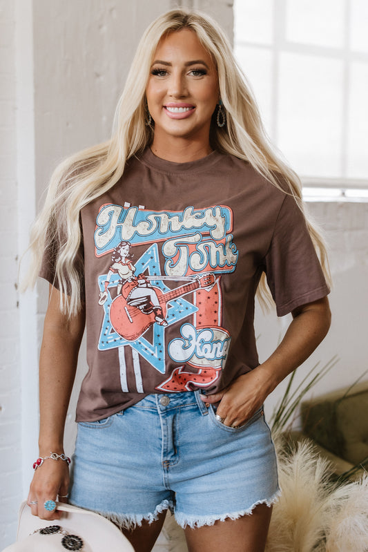 Honky Tonk Honey Coffee Graphic Crew Neck Western Fashion Tee