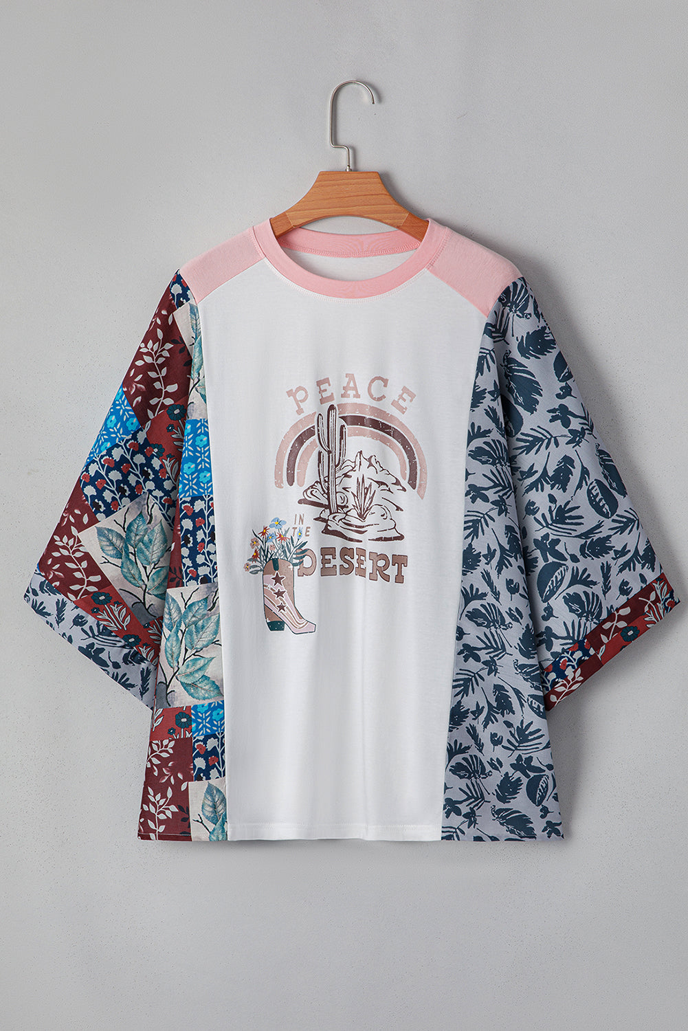 Patchwork Sleeve Peace Desert Multicolour Asymmetric Printed Graphic Top