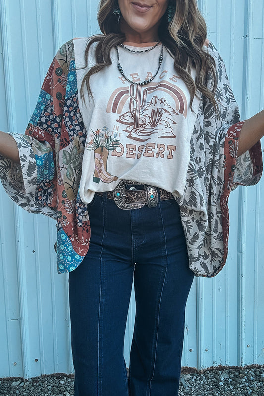 Patchwork Sleeve Peace Desert Multicolour Asymmetric Printed Graphic Top