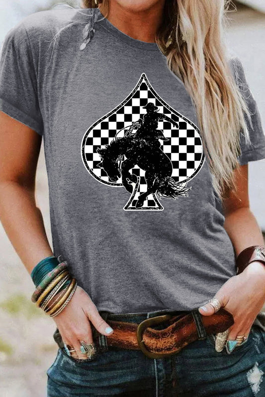 Gray Rodeo Checkered Spades Western Graphic T Shirt