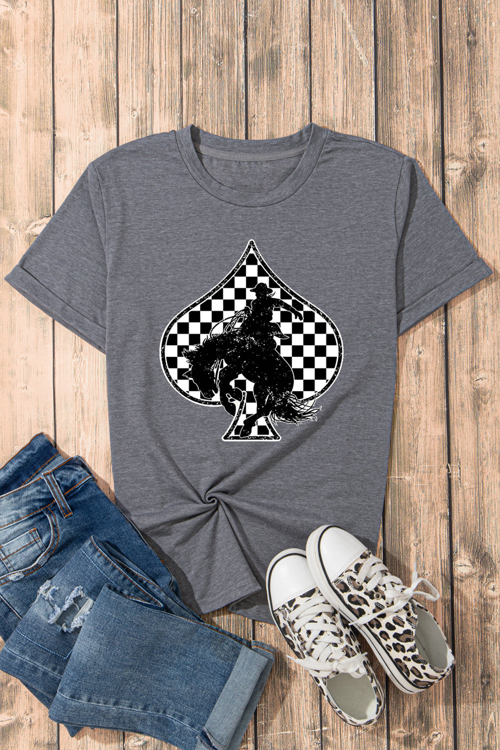 Gray Rodeo Checkered Spades Western Graphic T Shirt