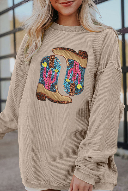 Western Sequined Cowboy Boots Graphic Corded Gray Sweatshirt