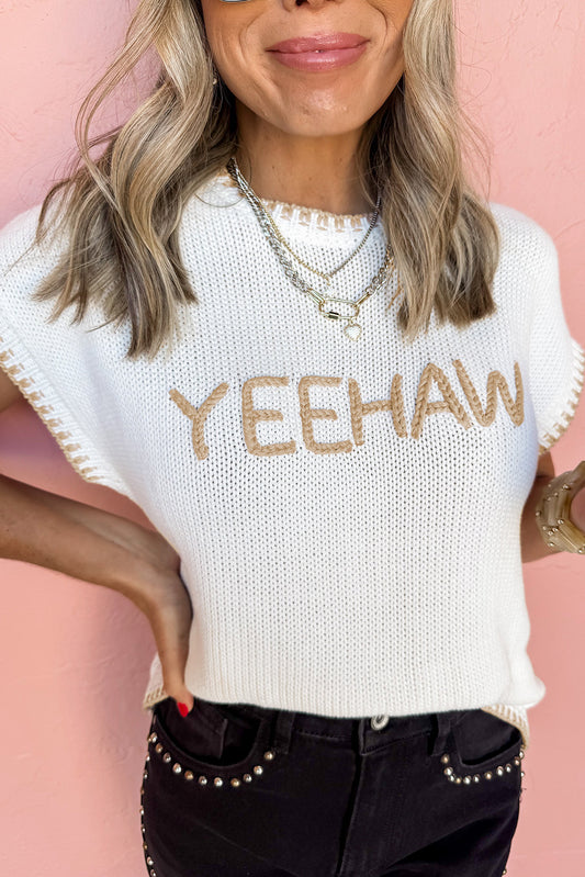 YEEHAW White Knitted Stitch Edge Crew Neck Sweater