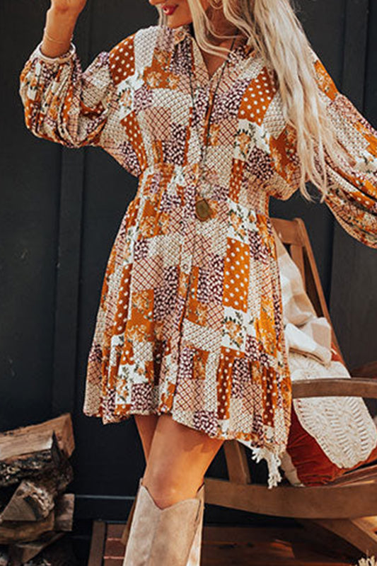 Boho Orange Floral Puff Sleeve Smocked Waist Mini Shirt Dress