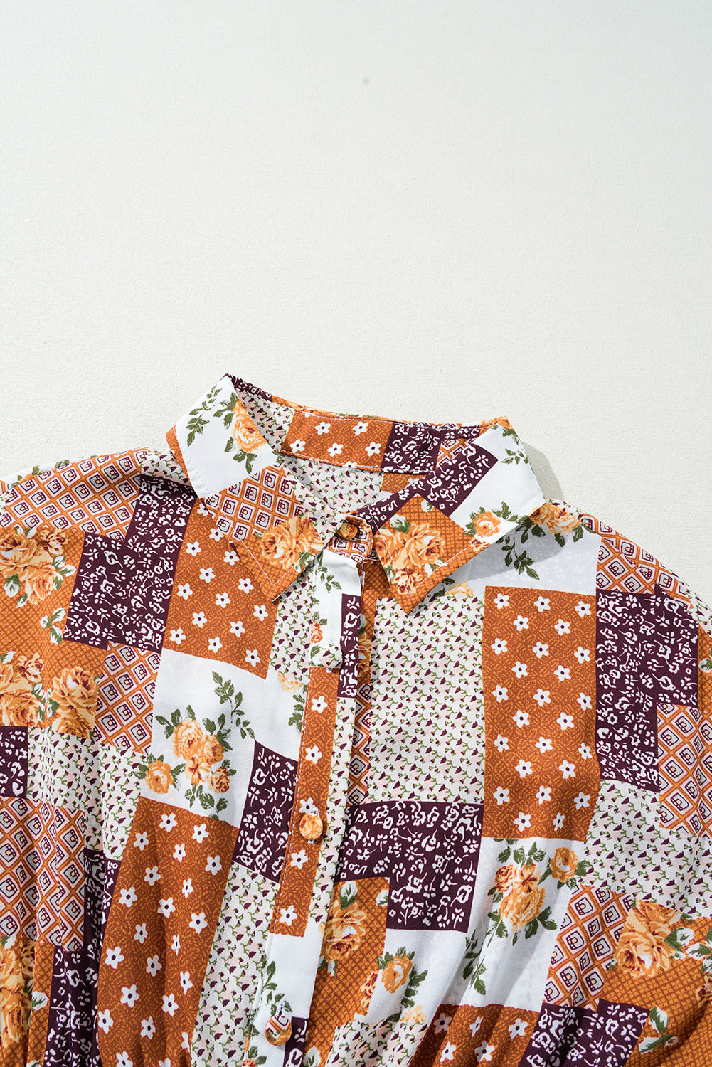 Boho Orange Floral Puff Sleeve Smocked Waist Mini Shirt Dress