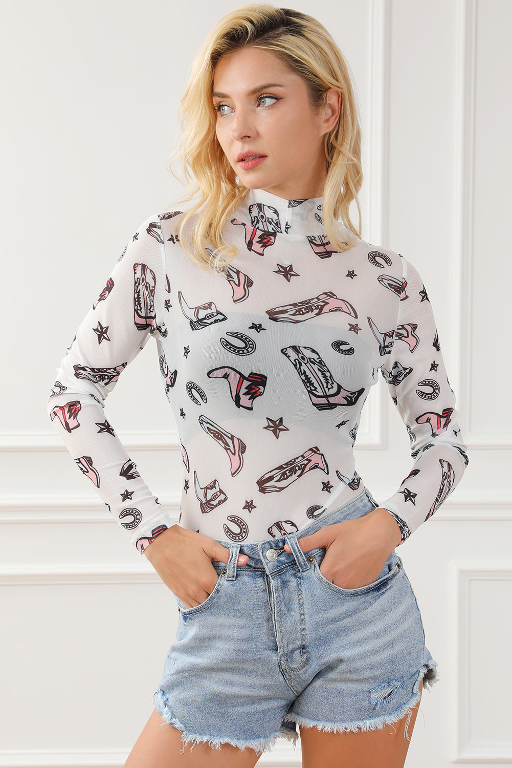 Cowboy Country White Rodeo Bound Printed Long Sleeve Bodysuit Cowgirl Boot Print