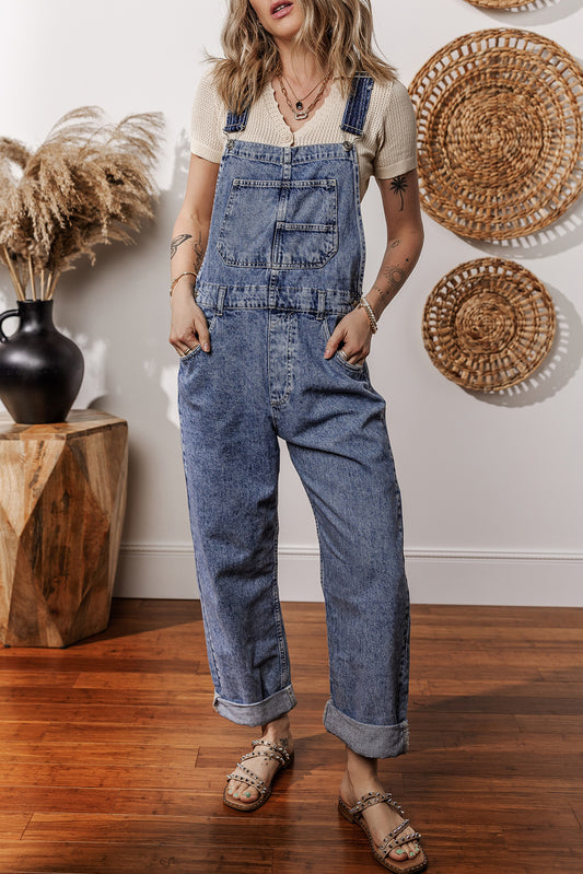 Blue Denim Bib Straight Leg Jumpsuit with Pockets