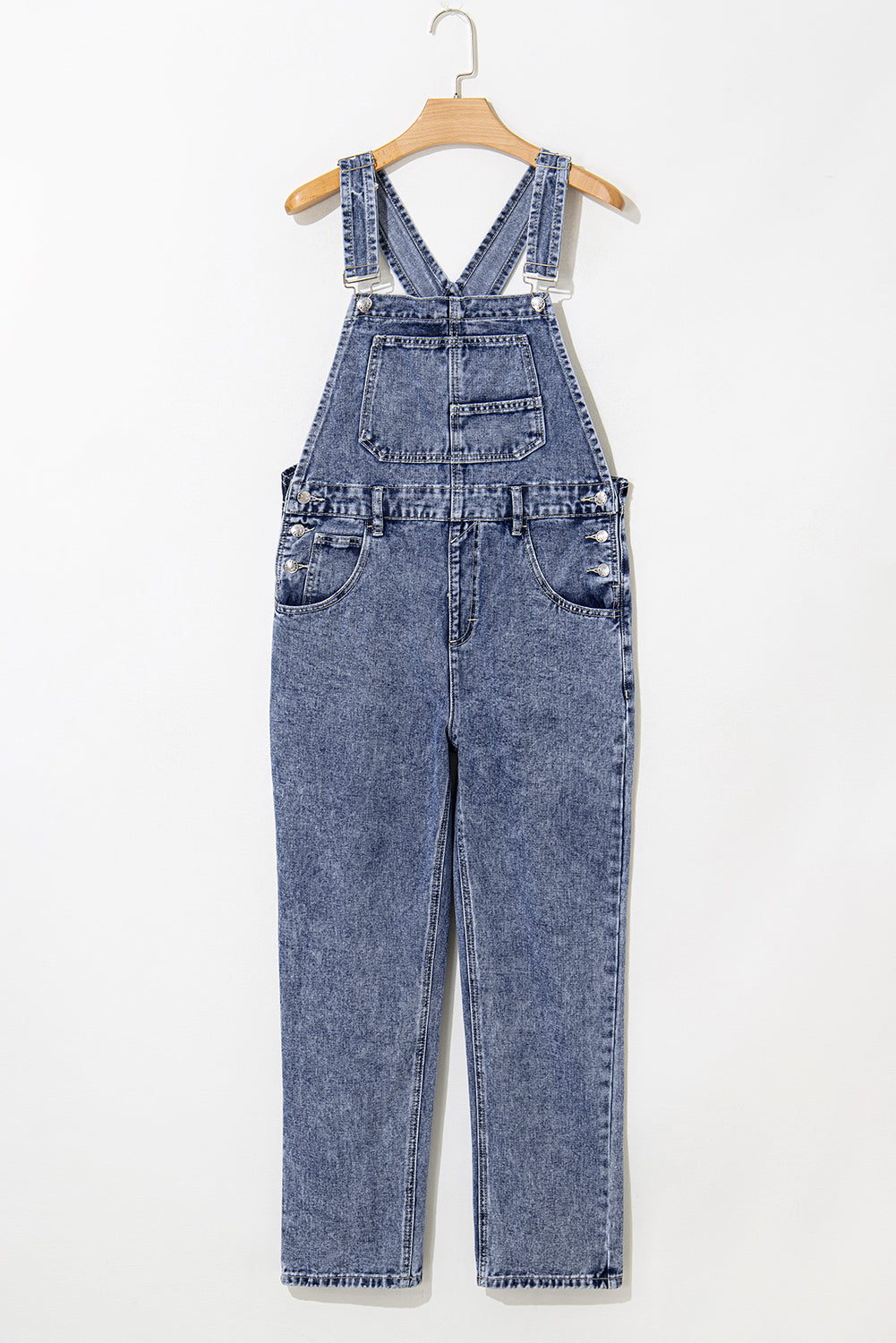 Blue Denim Bib Straight Leg Jumpsuit with Pockets