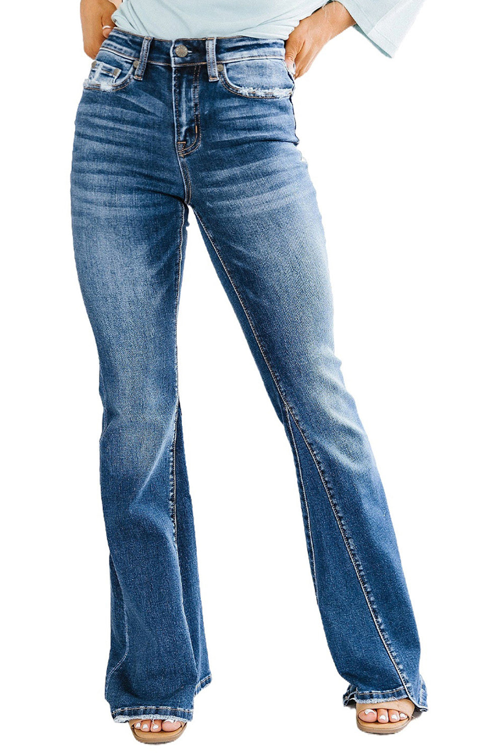 Graceful Horizon Sky Blue Medium Wash High Rise Flare Jeans Ladies Bootcut Flare Denim Jeans