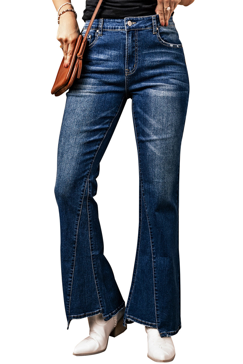Graceful Horizon Sky Blue Medium Wash High Rise Flare Jeans Ladies Bootcut Flare Denim Jeans
