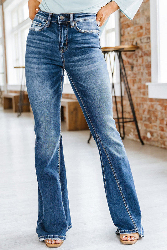 Graceful Horizon Sky Blue Medium Wash High Rise Flare Jeans Ladies Bootcut Flare Denim Jeans