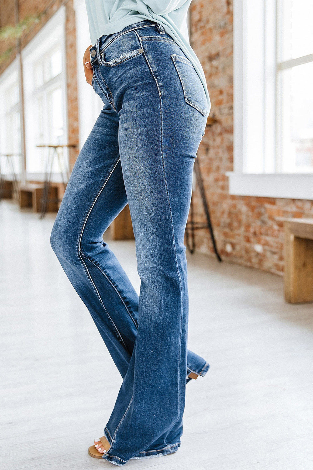 Graceful Horizon Sky Blue Medium Wash High Rise Flare Jeans Ladies Bootcut Flare Denim Jeans