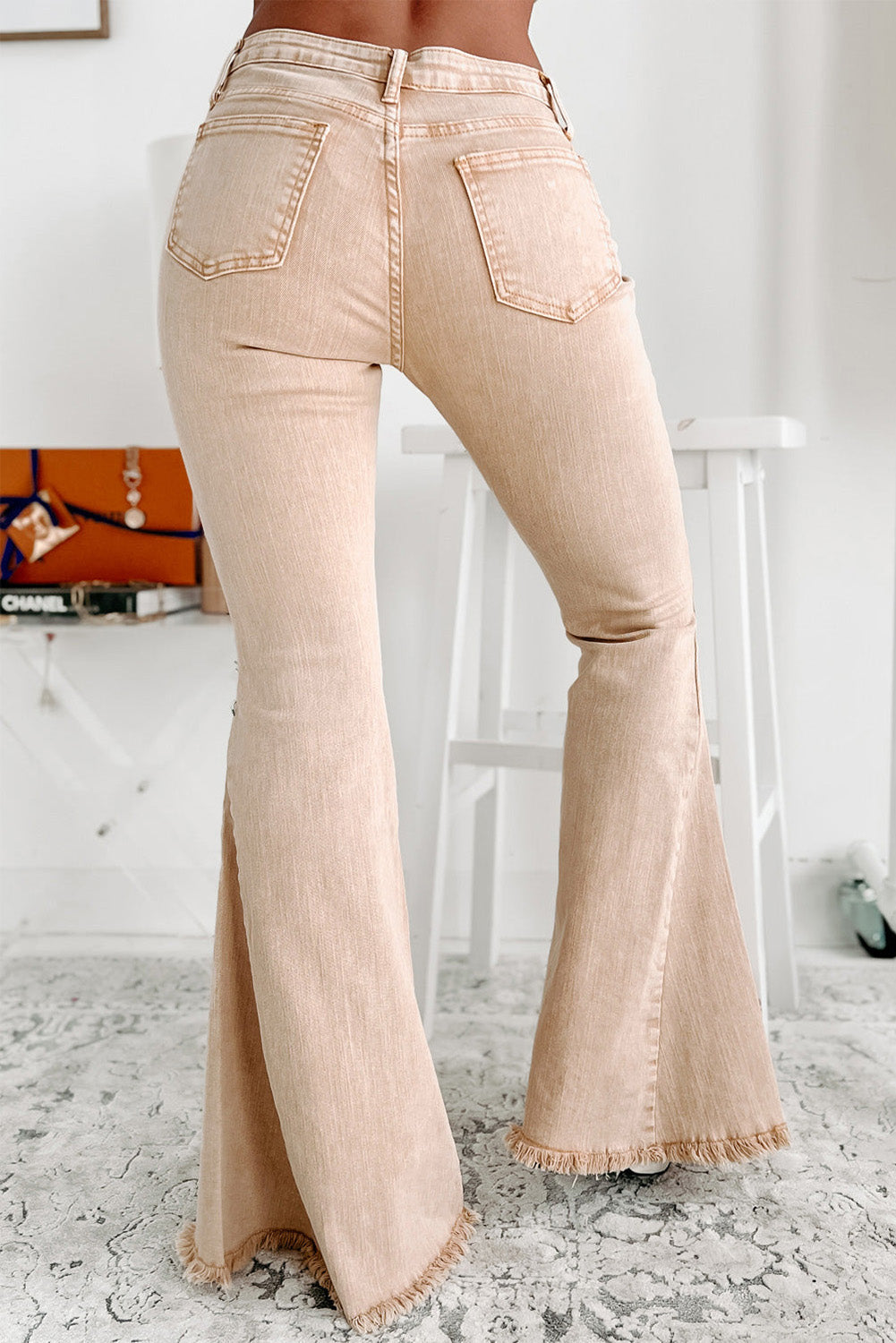 Urban Safari Ladies Khaki Raw Edge Mid Waist Flared Jeans - Western Flair Denim Jeans - Country Chic Vibes