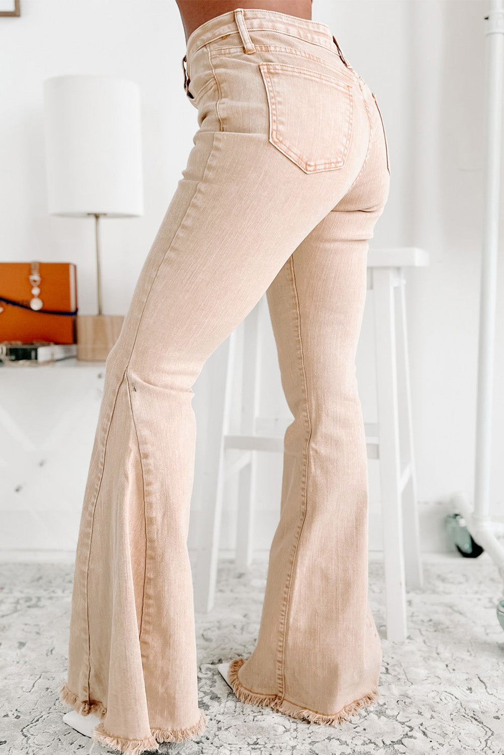 Urban Safari Ladies Khaki Raw Edge Mid Waist Flared Jeans - Western Flair Denim Jeans - Country Chic Vibes