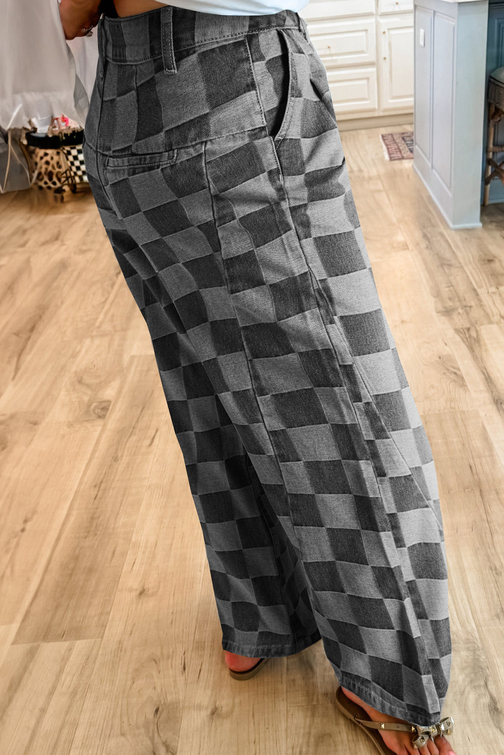 Checkered Wide Leg Denim Jeans – Blue or Black