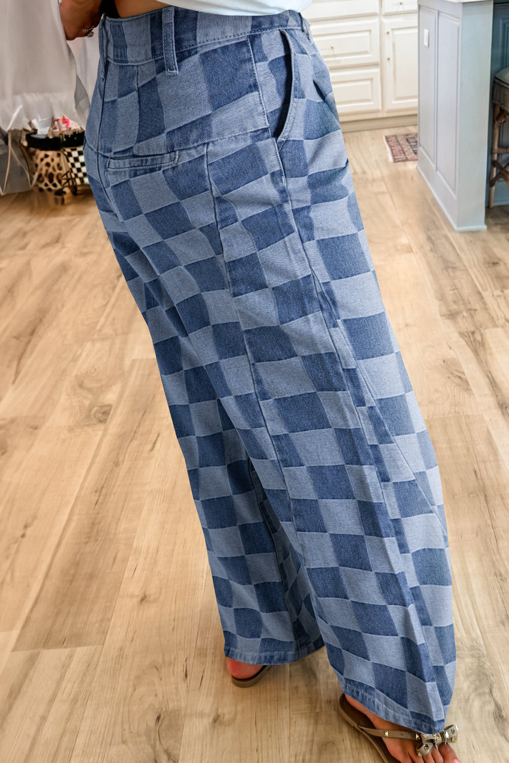 Checkered Denim Wide Leg Jeans Blue or Black