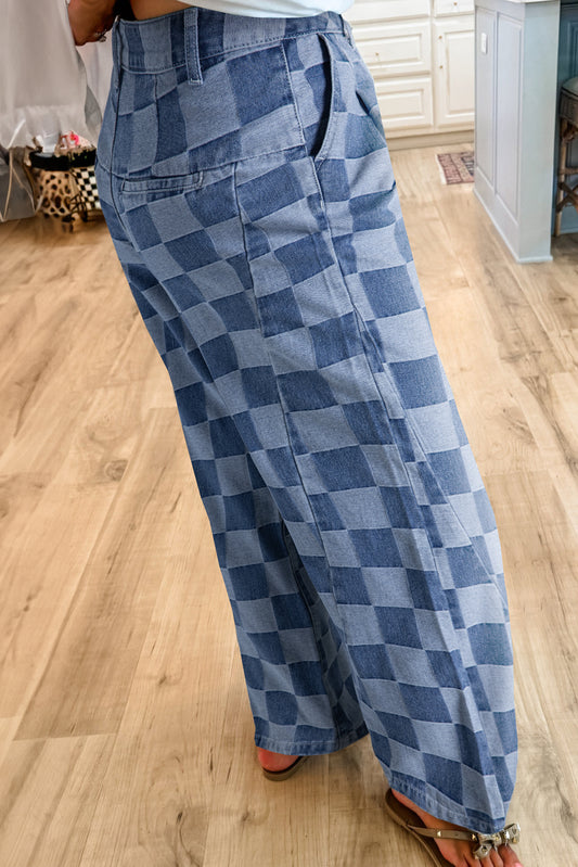 Checkered Denim Wide Leg Jeans Blue or Black