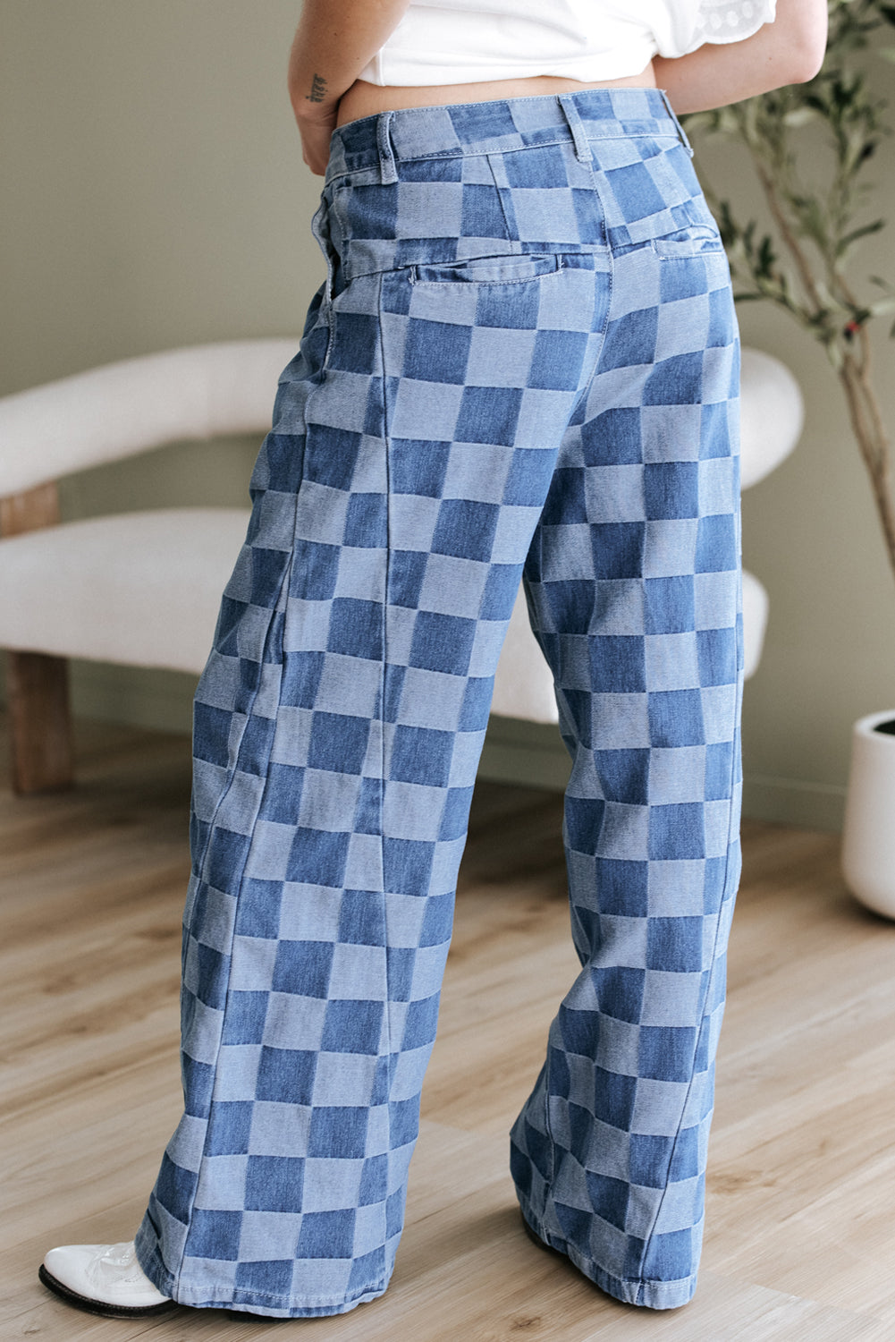 Checkered Denim Wide Leg Jeans Blue or Black