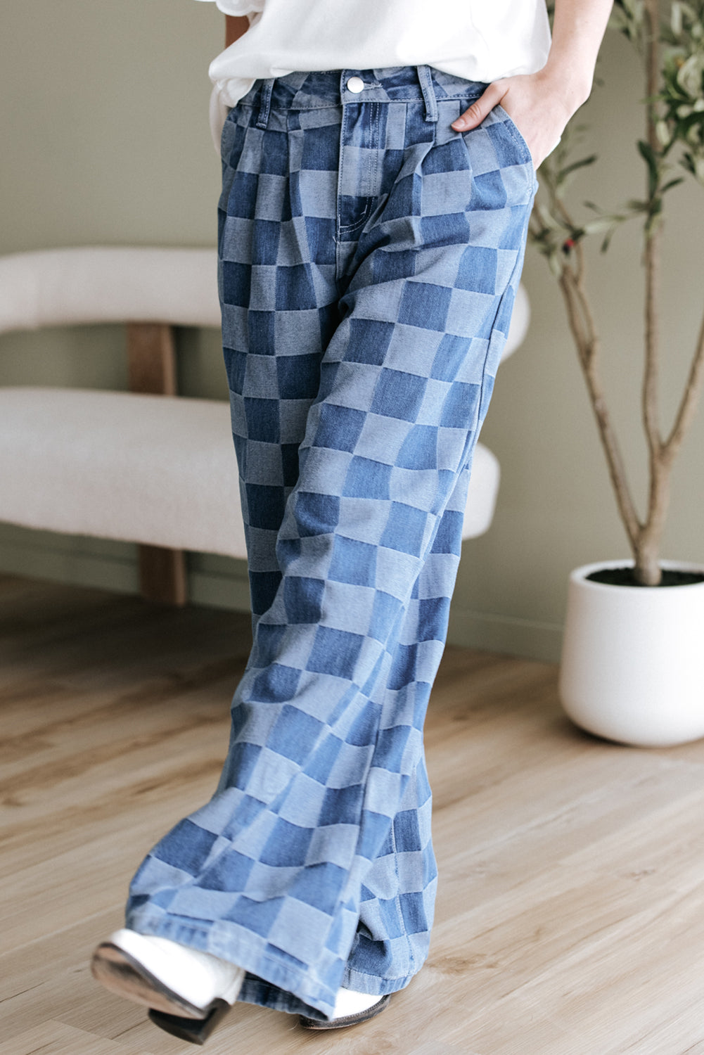 Checkered Denim Wide Leg Jeans Blue or Black