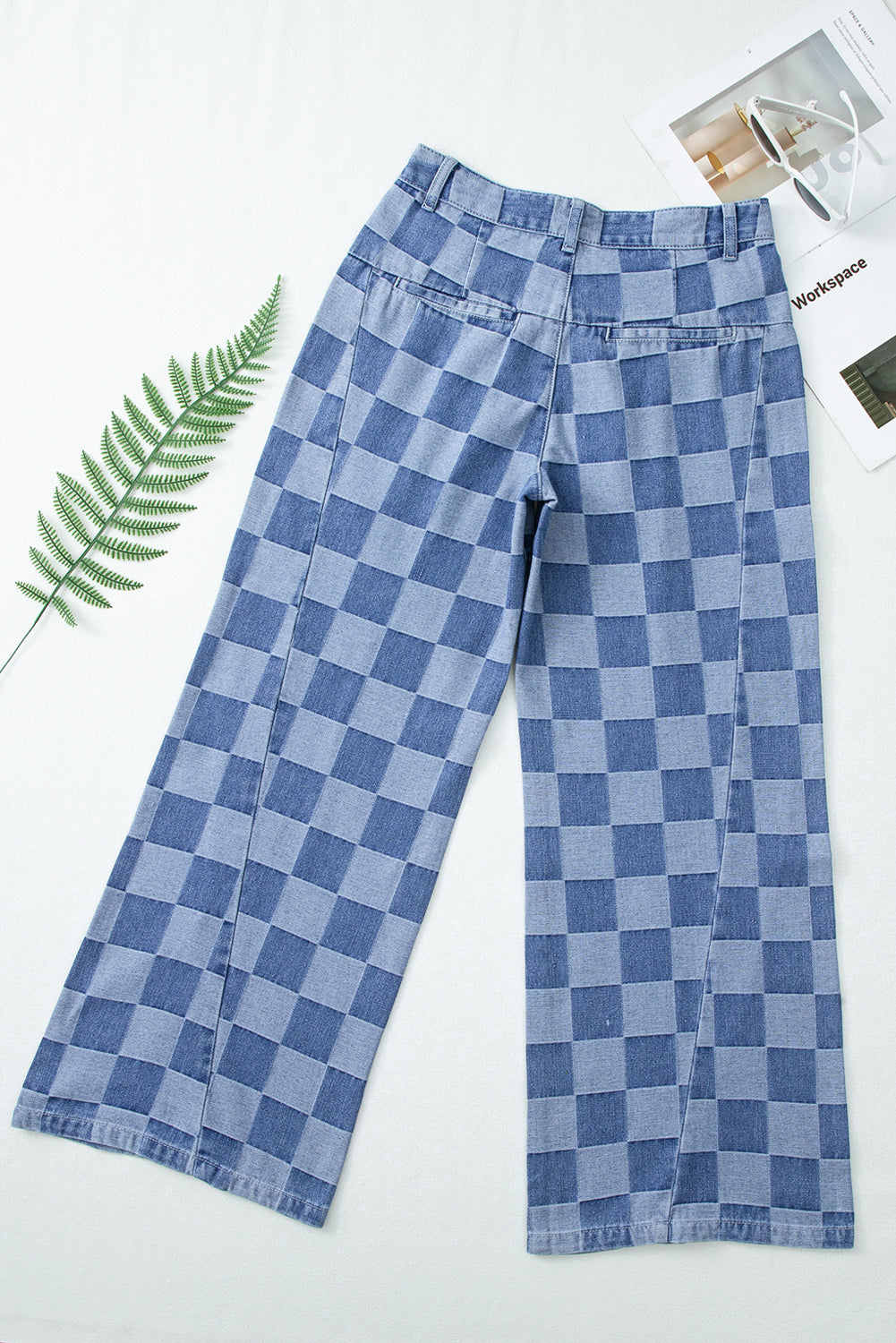 Checkered Denim Wide Leg Jeans Blue or Black