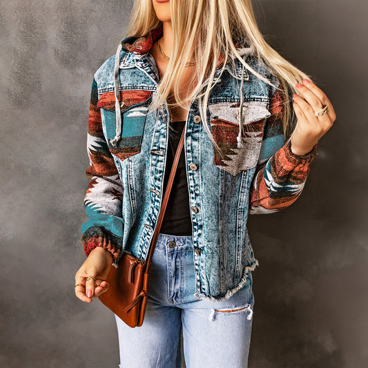 Aztec Print Frayed Hem Denim Jacket