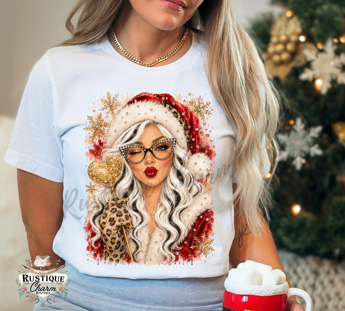 Winking Mrs. Claus Heart Balloon Graphic Tee & Sweatshirt