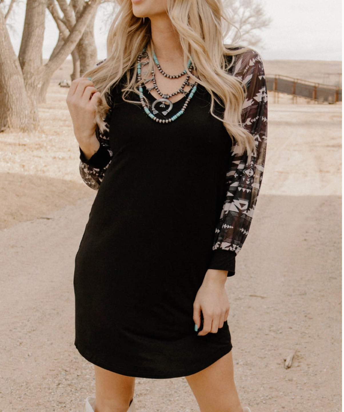 Little Black Dress - Aztech Mesh Bubble Sleeve Print