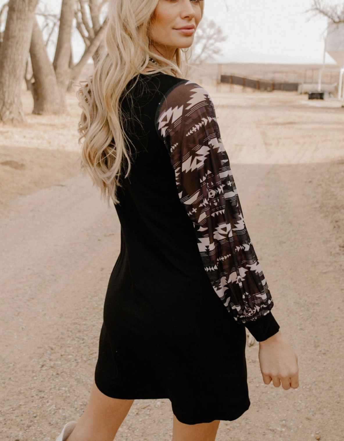 Little Black Dress - Aztech Mesh Bubble Sleeve Print