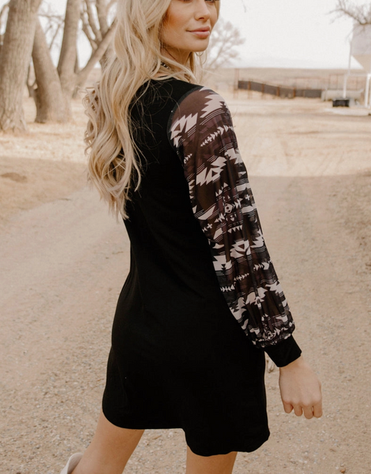 Little Black Dress - Aztech Mesh Bubble Sleeve Print
